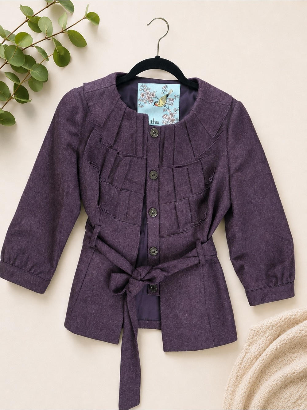 Anthropologie Tabitha Plum Purple Ruffle Front Belted Wool Blend Jacket Coat 2